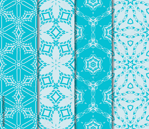 set of 4 seamless geometric pattern with modern floral ornament. sea color background. vector illustration. for wallpaper, print, box design