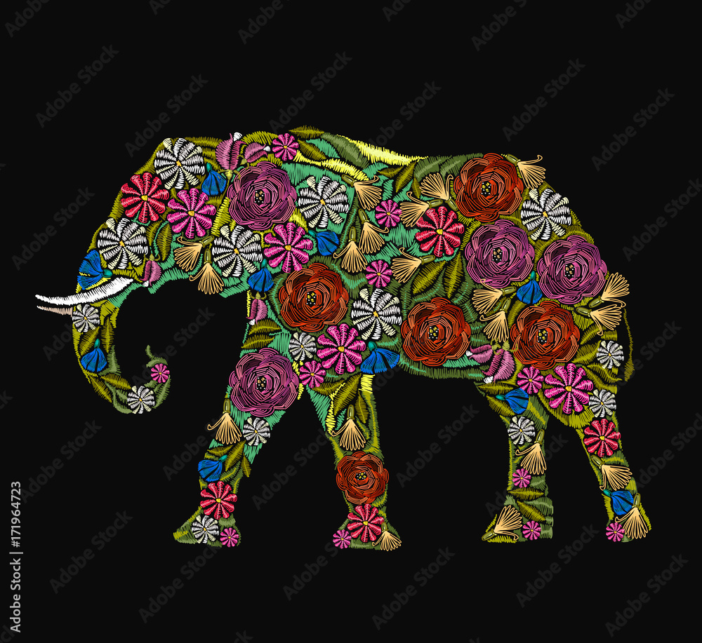 Naklejka premium Embroidery elephant. Classical embroidery flower indian elephant. Indian ornaments animals clothes fashion t-shirt design. African ethnic elephant, yoga, Indian, Embroidery spirituality, boho art
