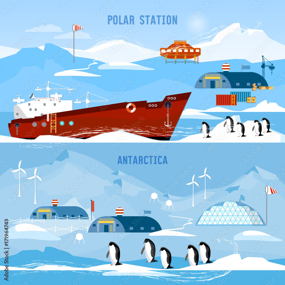 North Pole, polar station banners. Scientific station studying of Antarctica and North Pole. Penguins.