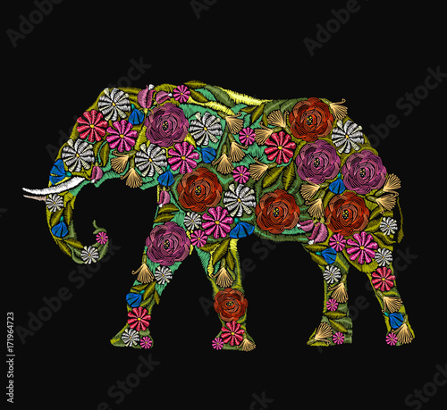Embroidery elephant. Classical embroidery flower indian elephant. Indian ornaments animals clothes fashion t-shirt design. African ethnic elephant, yoga, Indian, Embroidery spirituality, boho art