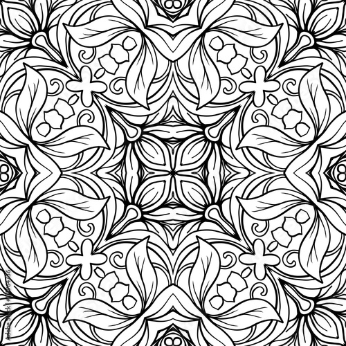 Seamless pattern, background with geometric floral abstract pattern. Stock line vector illustration. Outline hand drawing coloring page for adult coloring book.