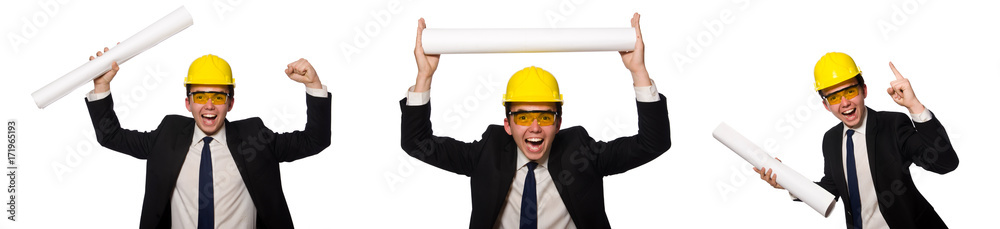 Funny architect with drawings on white Funny architect with drawings on white