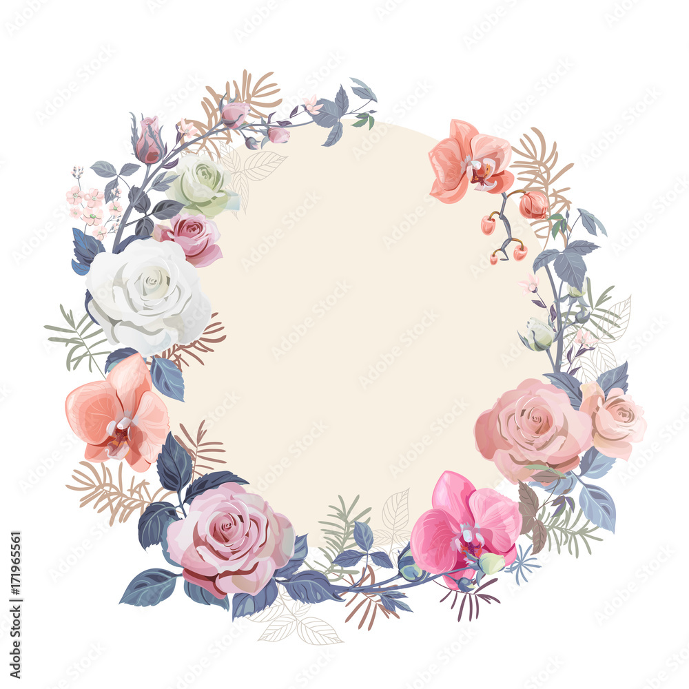 Floral wreath with bouquet white, red rose, pink orchids (flowers, buds, leaves), small autumn twigs asparagus on white background, digital draw illustration for Christmas, template, vector