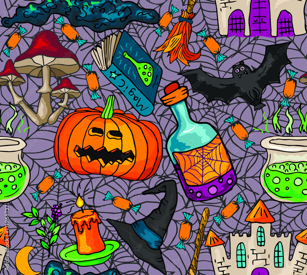 Fototapeta premium Vector seamless pattern with icons for Halloween. Hand drawn doodle pumpkin, tree, spiderweb, potion, book, mushrooms, broom, castle.