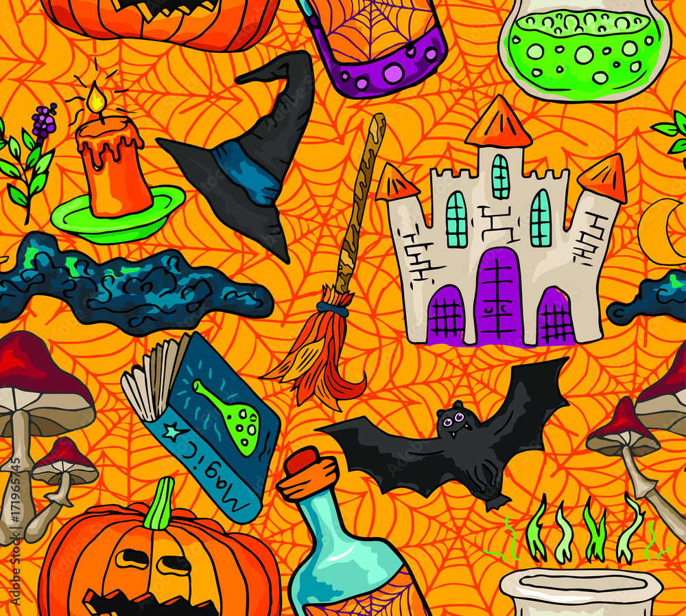 Vector seamless pattern with  icons for Halloween. Hand drawn doodle pumpkin, tree, spiderweb, potion, book, mushrooms, broom, castle.