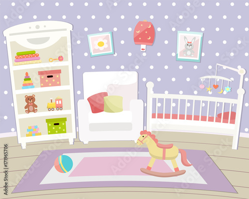 Flat design. Baby room with a  shelf,  toys, cot, bedside  table, armchair  and rug. Children's room.