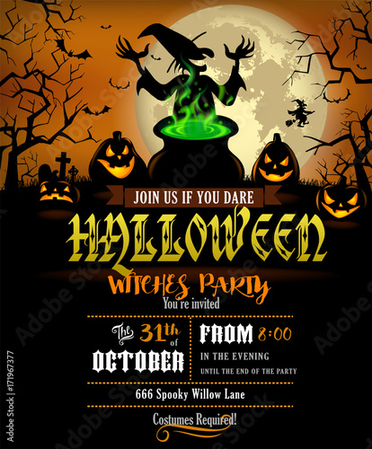 Halloween Party invitation with terrible pumpkins and witch