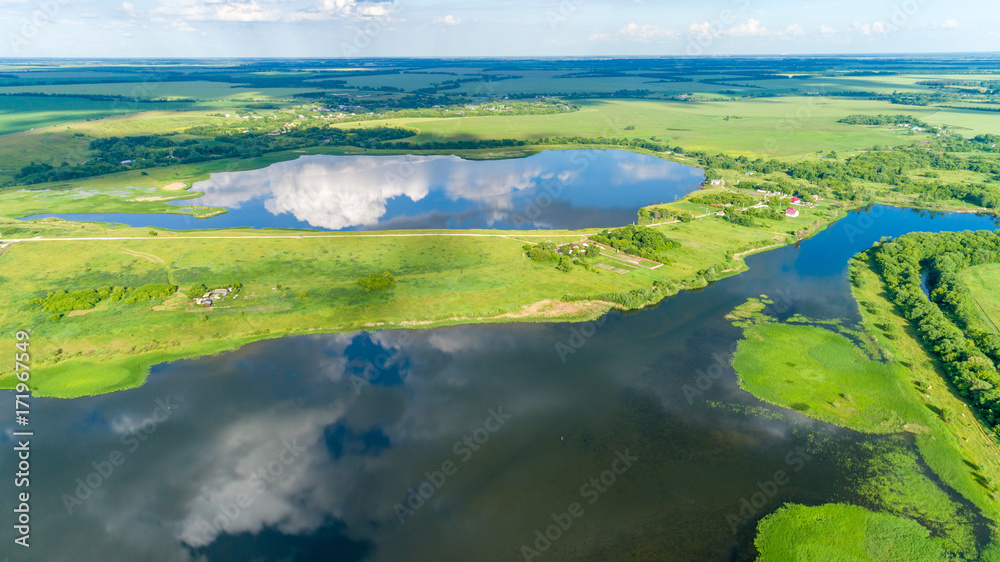 A birds eye view of ponds in summer, Russia