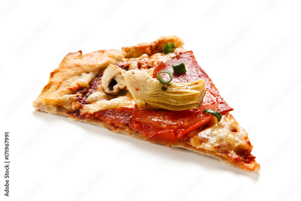 Pizza salami and artichoke on white background Pizza salami and artichoke on white background