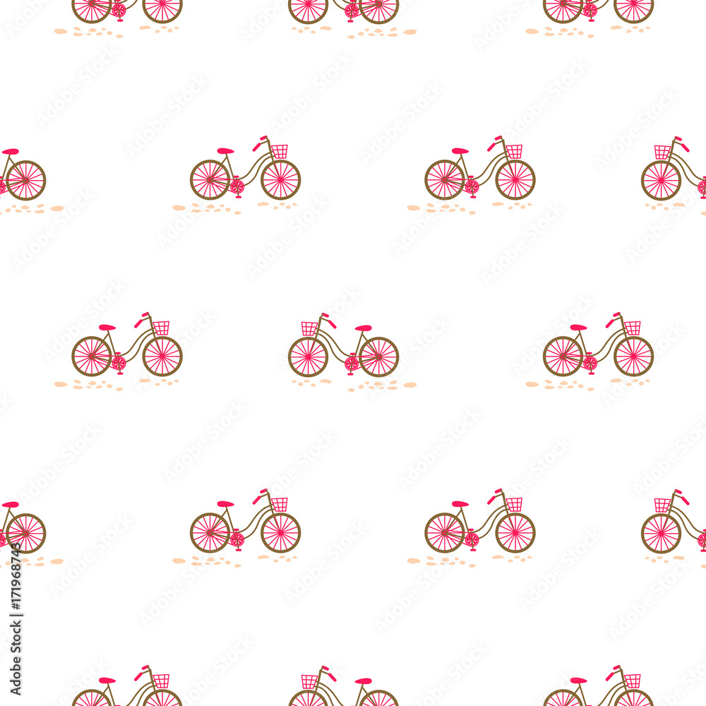 Bicycle with basket on the front wheel pink on white seamless pattern vector.