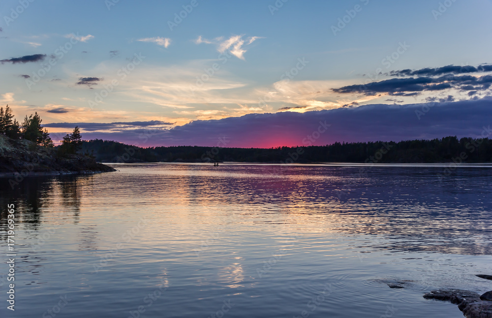 Sunset Sky Water Reflection Photo Lake Ladoga Karelia Russia Colored Landscape