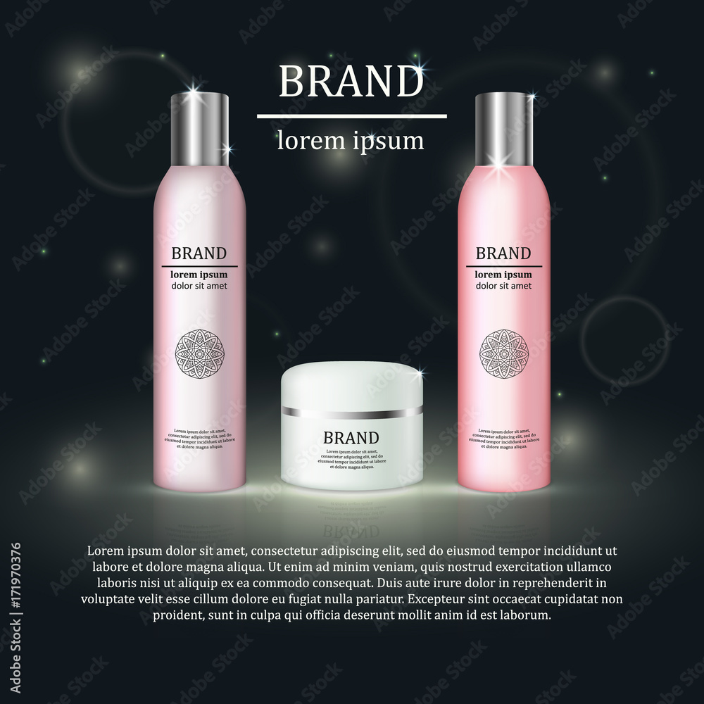 3D realistic cosmetic bottle ads template. Cosmetic brand advertising concept design with glitters and bokeh background