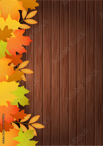 Wood background with autumn leaves. Autumn template design