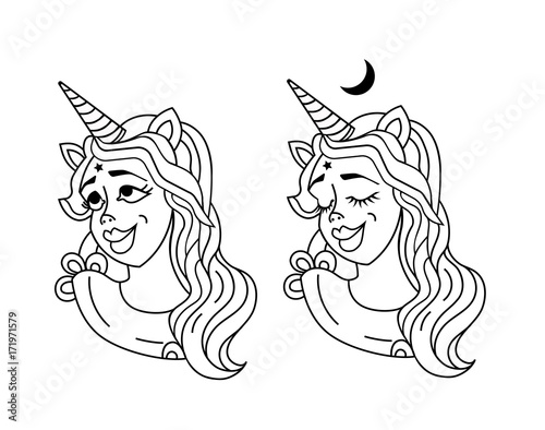 Dreaming Girl unicorn head with mane and horn. Unicorn sticker isolated on white. Portrait girl unicorn sticker, patch badge.