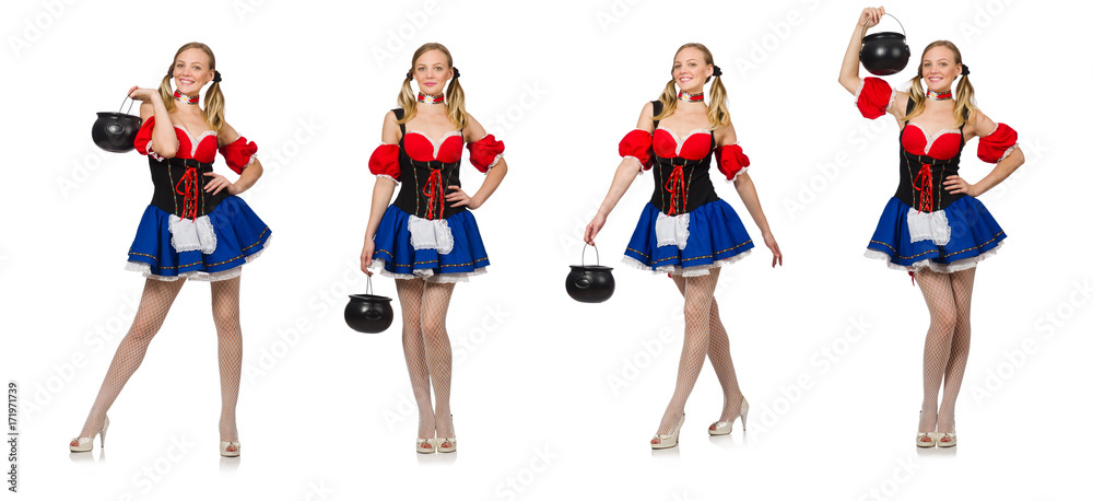 Woman in Oktoberfest concept on white Woman in Oktoberfest concept on white