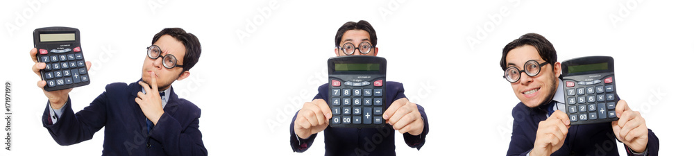 Funny man with calculator isolated on white Funny man with calculator isolated on white