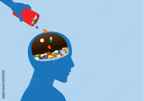 
Hand put medicine into human head. Illustration about drug addiction and brain.