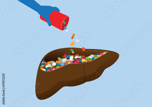 Hand put many drug into human liver. Illustration about danger of taking medicine overdose.
