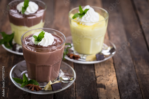 Chocolate and vanilla pudding with whipped cream 