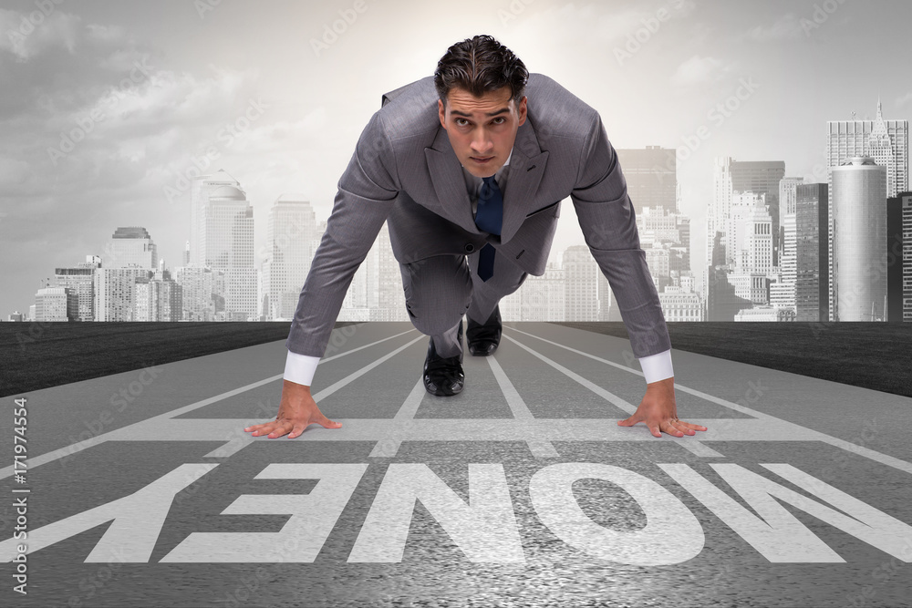 Young businessman chasing money in financial business concept
