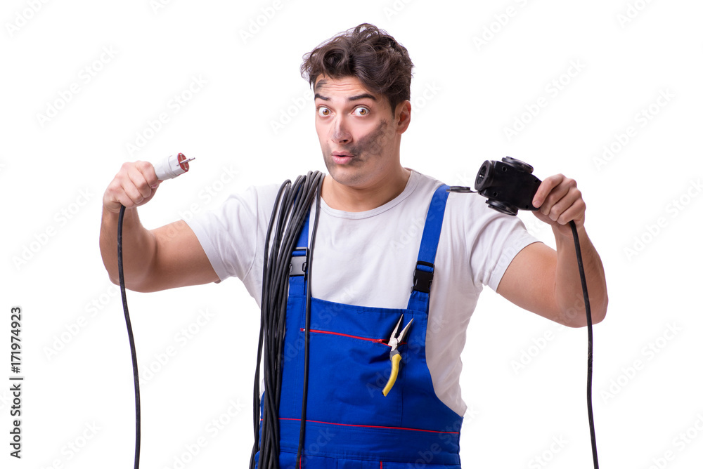 Funny man doing electrical repair
