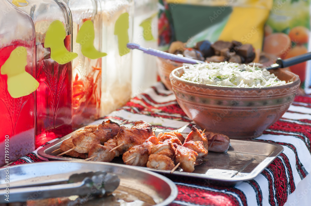 fried meat and cabbage salad showcase of a street cafe fried meat and cabbage salad showcase of a street cafe