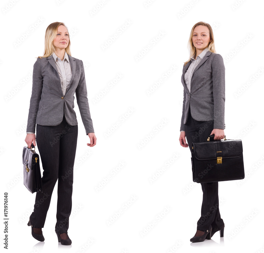 Businesswoman in gray suit isolated on white Businesswoman in gray suit isolated on white