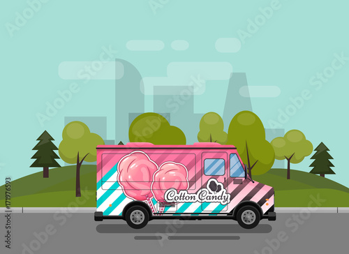 Cotton Candy, a kiosk on wheels, retail, candy and confectionery, illustrated and flat style vector illustration against the background of the city. Dried Cloud Dessert Illustration for your projects