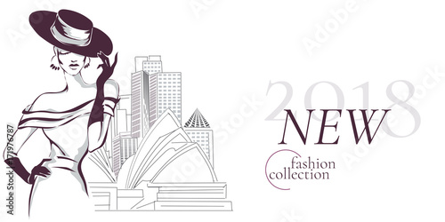 Black and white new fashion collection advertising banner with beautiful woman model silhouette at the city background, hand drawn vector illustration