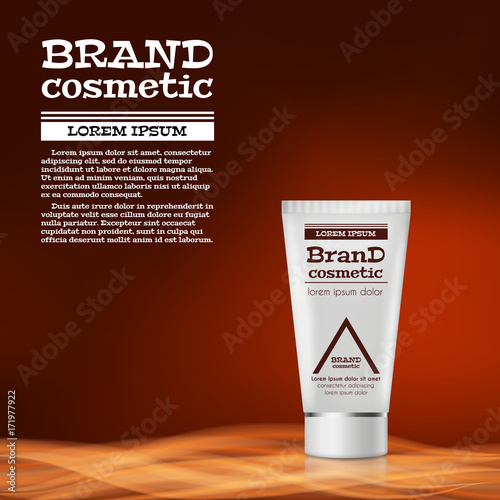 3D realistic cosmetic bottle ads template. Cosmetic brand advertising concept design with abstract glowing waves