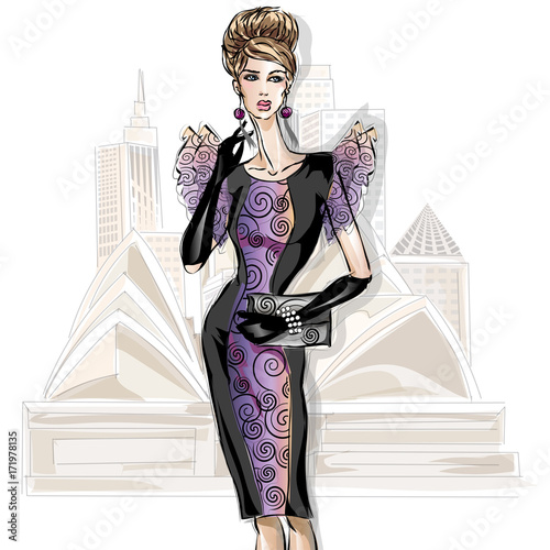 Young beautiful sexy woman in fashion sketch style. Elegant style girl wearing cocktail dress at city background vector illustration