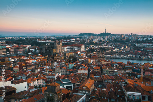 Bird's-eye view old downtown of Porto at dusk, Portugal..