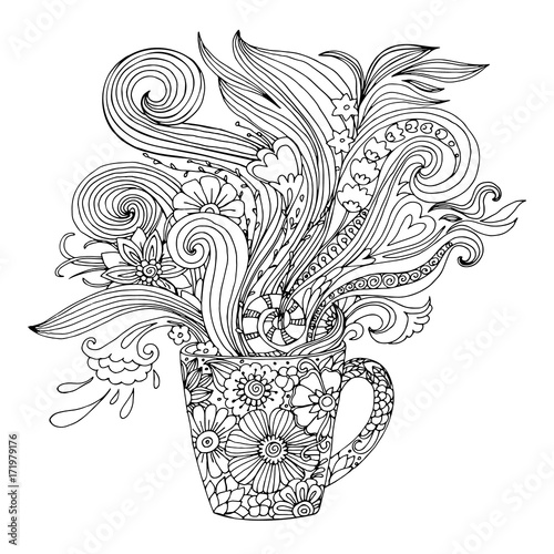Coloring page for adults with a cup and flowers