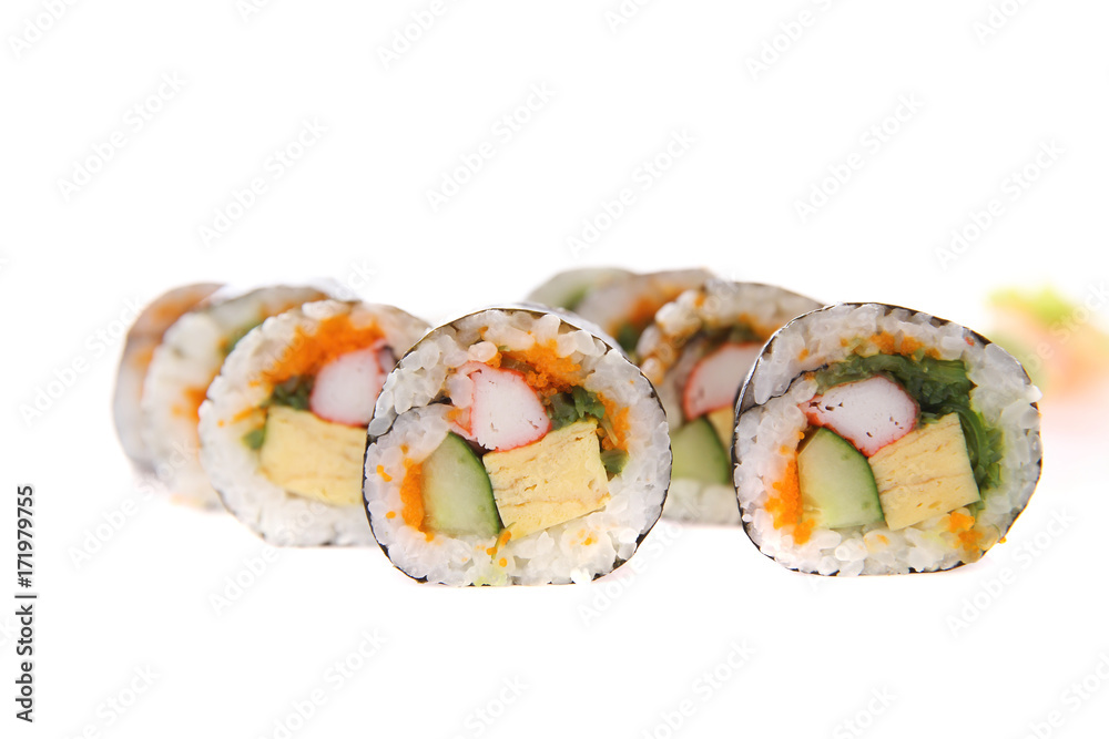 Futomaki sushi , Japanese roll rice egg avocado cucumber and caviar isolated in white background Futomaki sushi , Japanese roll rice egg avocado cucumber and caviar isolated in white background