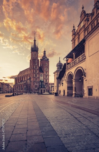 St Mary's church and Cloth Hall on Main Market Square in Krakow, on colorful morning
