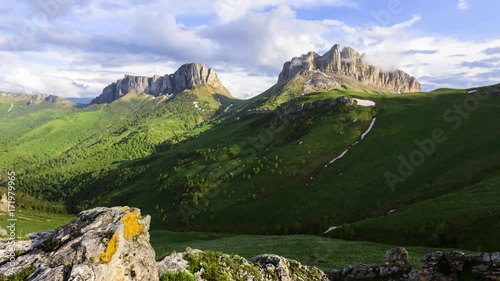 Time Lapse. A view of the stunningly beautiful mountain pass rock formation Devil's gate at the time of variable cloud cover. Krasnodar Region and the Republic of Adygea, Russia.