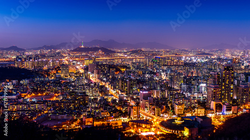 Seoul cityscape and Seoul tower at night. Traffic in Seoul, South Korea.