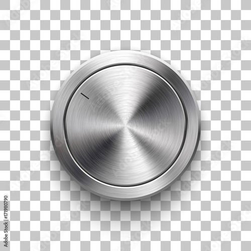 Audio volume knob, technology music button template, with metal circular brushed texture, chrome, silver, steel and realistic shadow for design concepts, web, interfaces, UI, apps. Vector Illustration