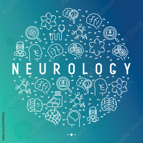 Neurology concept in circle with thin line icons: brain, neuron, neural connections, neurologist, magnifier. Vector illustration for background of medical survey or report.