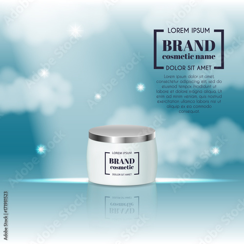 3D realistic cosmetic bottle ads template. Cosmetic brand advertising concept design on sky background with clouds