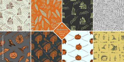 Happy Halloween seamless pattern set. Halloween vector backgrounds.