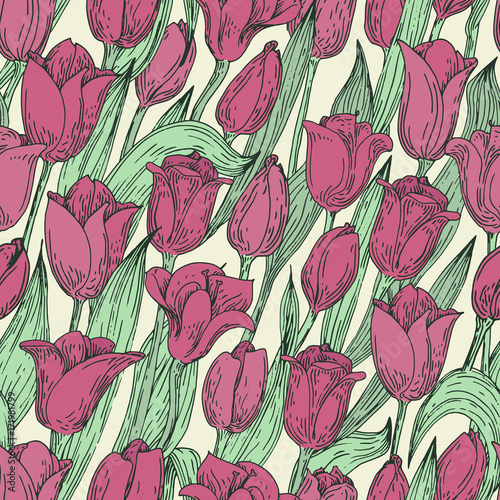 Seamless vector floral pattern with tulips. Hand drawn illustration. Vintage.