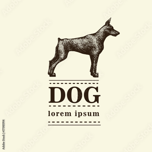 Silhouette of a dog. Vector illustration of doberman pinscher. Hand drawn retro illustration.