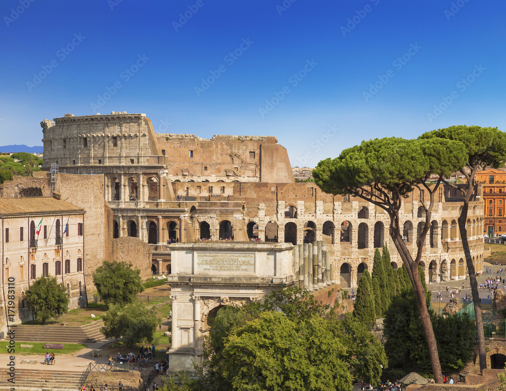 The view of the Roman forum, the arch of Titus, Colosseum, Rome, Italy