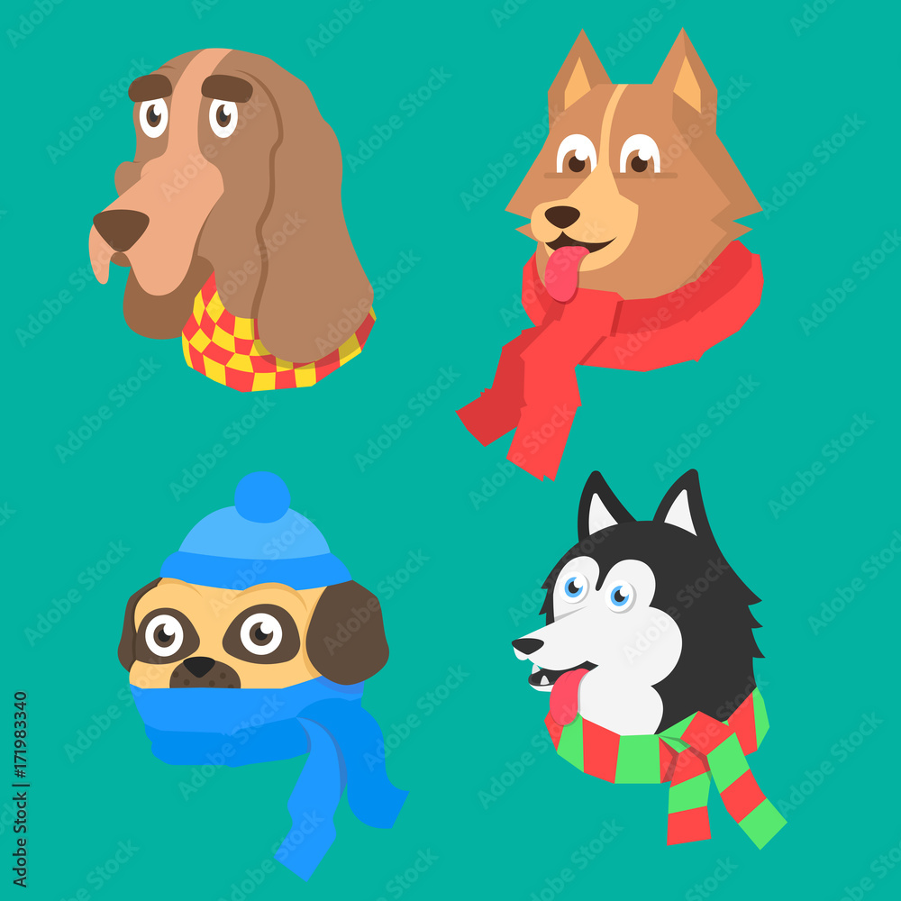 Set cartoon flat dog with scarf. Different doggy for christmas and new year on turquoise backgrounnd