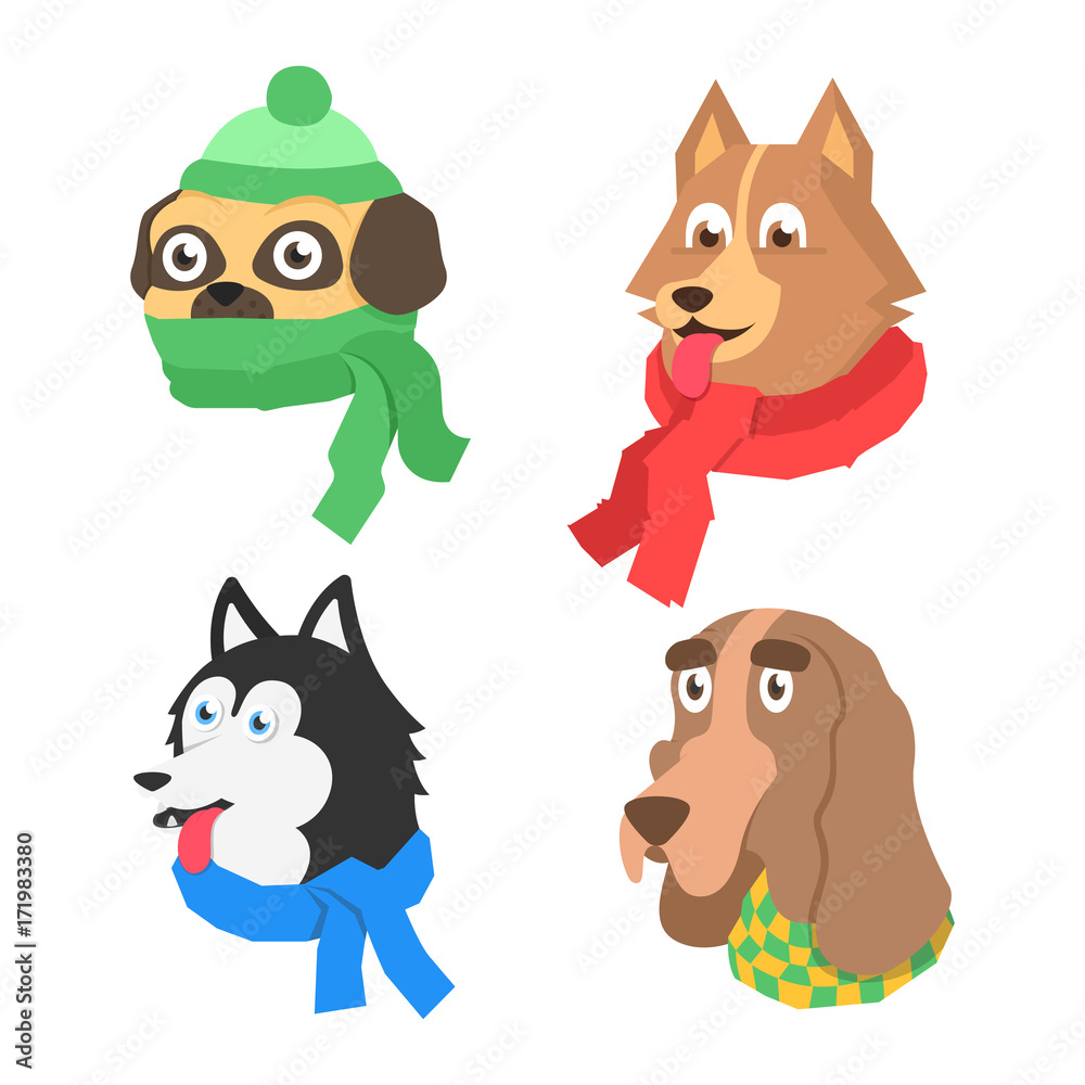 Set cartoon flat dog with scarf. Different isolated doggy for christmas and new year