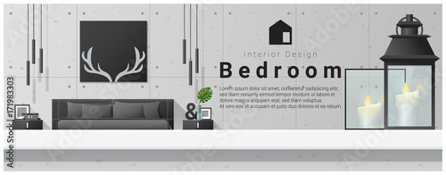 Interior design with table top and Modern bedroom background , vector , illustration