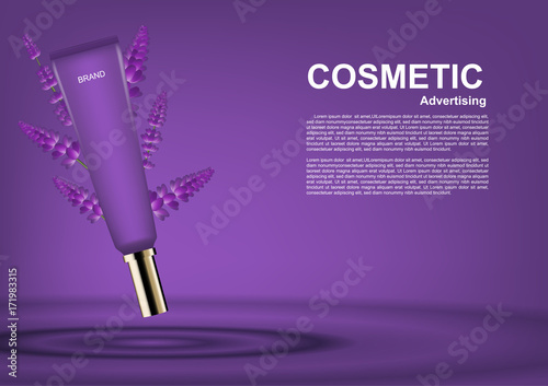 Beauty cosmetic ads, Floating purple cosmetic tube with lavender and template