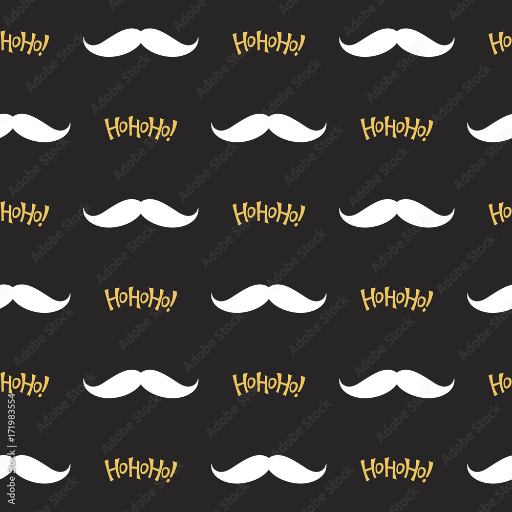 Christmas seamless pattern with Santa’s mustache and Ho Ho Ho! lettering in black, white and golden colors Christmas seamless pattern with Santa’s mustache and Ho Ho Ho! lettering in black, white and golden colors