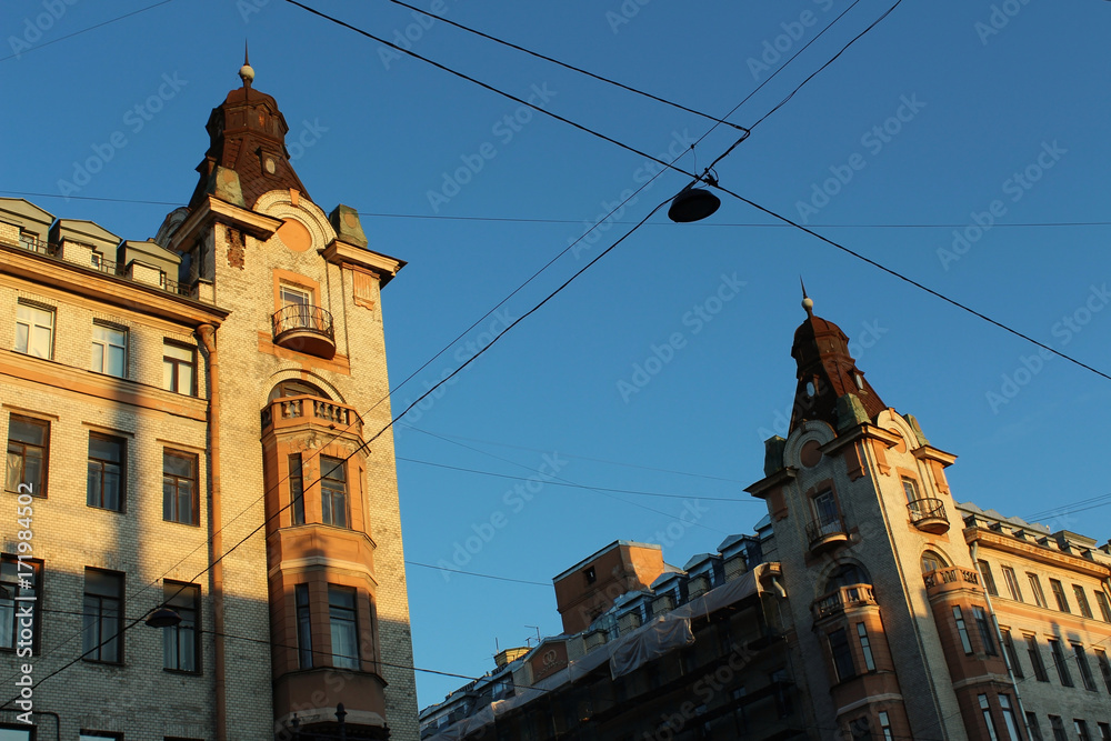 Historical buildings in St. Petersburg in Russia. The profitable houses of the merchant Vyazemsky were built in 1908, the style of the Northern Art Nouveau, 